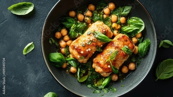 Fototapeta Savory meatballs with chickpeas and vibrant fresh basil leaves elegantly arranged in a bowl, set against a dark textured background.
