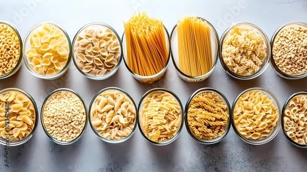 Fototapeta Neutral-toned pasta background featuring classic pasta varieties, ideal for minimalist food branding and graphic design needs