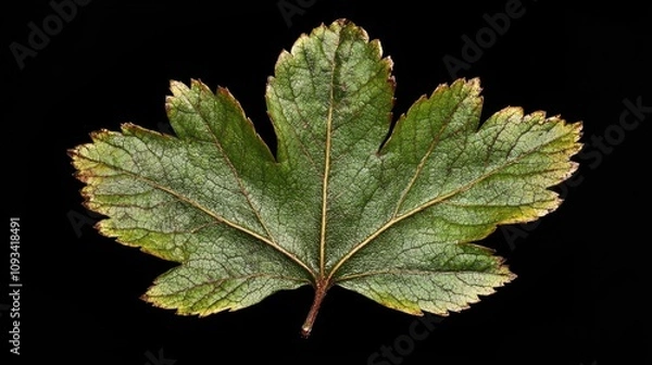 Fototapeta Detailed Close-up of a Hawthorn Leaf Showcasing Intricate Veins and Vibrant Green Color Against a Black Background