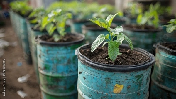 Obraz Recycled containers lined with young green plants thriving in rich soil under natural light in a nurturing cultivation environment.