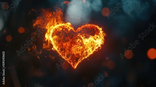Fototapeta Heart-shaped flame illuminating a softly blurred background with vibrant bokeh effects, creating an artistic and romantic atmosphere.