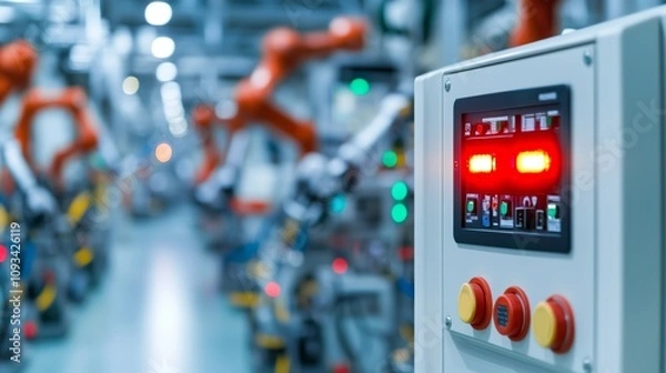 Fototapeta  evacuation response fire alarm.  A control panel with lights and buttons stands in a high-tech factory filled with robotic arms, highlighting automation and modern manufacturing processes.