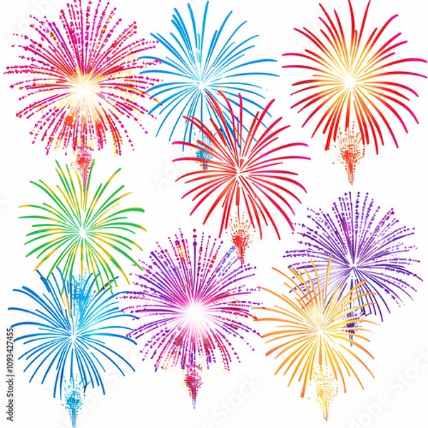 Fototapeta Set of colorful fireworks on a transparent background, vector illustration. PNG file with white and black background