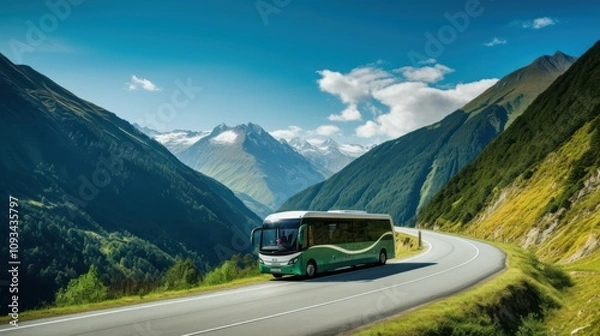 Fototapeta A high-speed bus zips through a winding mountain road, surrounded by lush greenery and majestic peaks, symbolizing travel and adventure.