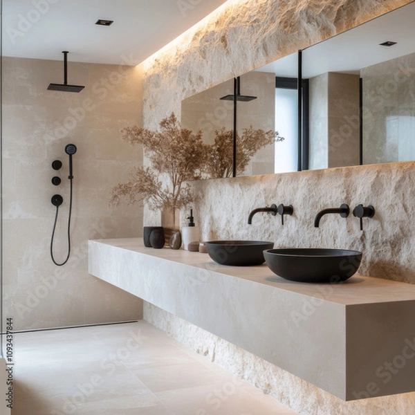 Fototapeta A modern bathroom with sleek matte black taps and fixtures, including a minimalist fauce