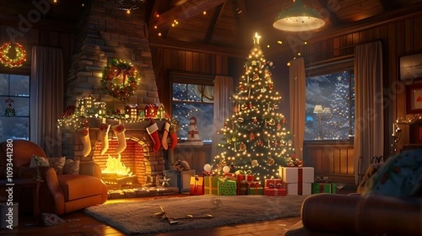 Obraz A cozy indoor scene featuring a decorated Christmas tree with gifts wrapped in festive paper beneath it, surrounded by a softly glowing fireplace and warm lighting
