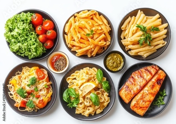 Obraz Vibrant Assortment of Delicious Italian Dishes Featuring Fresh Vegetables, Pasta Varieties, and Grilled Salmon Served on Plates for a Culinary Delight