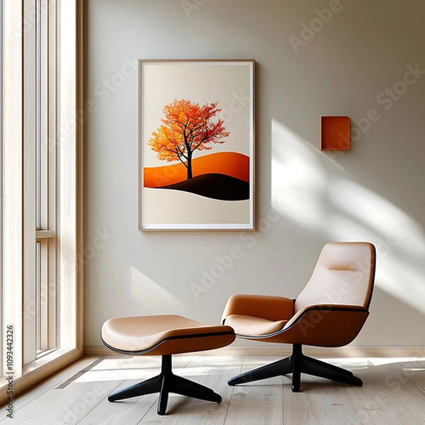 Fototapeta Serene autumn tree art display modern living room home decor minimalist environment bright viewpoint nature-inspired aesthetic for tranquil spaces