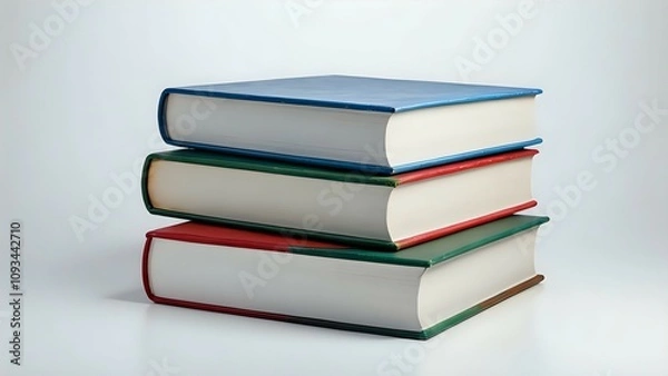 Fototapeta Stack of three hardcover books in blue, green, and red, isolated on white background. Perfect for education, literature, or knowledge concepts.