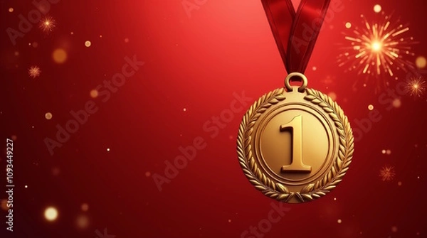 Obraz gold medal with number one for 1st place on  red festive background with confetti, Free space for text, Golden symbol of winner sport competition