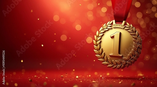 Obraz gold medal with number one for 1st place on  red festive background with confetti, Free space for text, Golden symbol of winner sport competition