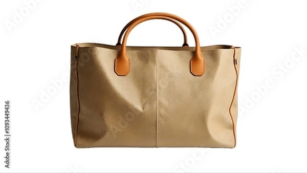 Fototapeta Stylish beige tote bag with brown leather handles, perfect for everyday use or travel.  High-quality material and elegant design.