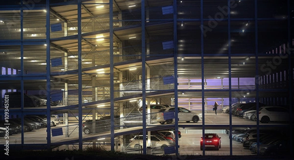 Fototapeta A multi-storey parking lot with a steel structure of parking decks for parking in the city by day and night, illuminated with entrance and exit. 