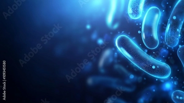 Fototapeta Probiotics, Various probiotic bacteria such as: Lactobacillus, Bifidobacteria with digital glow on a blue background 