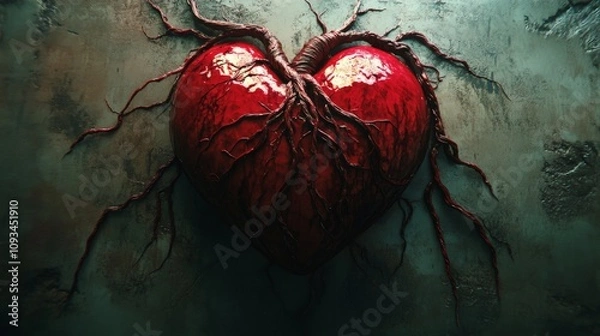 Fototapeta red heart with intricate roots and veins in a hyper-detailed style 