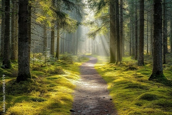 Fototapeta Sunbeams illuminating a forest path and mossy ground.