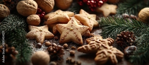 Fototapeta Close-up of gingerbread cookies, walnuts, pine branches, and red berries on a wooden table.