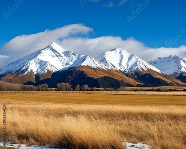 Fototapeta A mountain range with snow on the peaks and a clear blue sky
