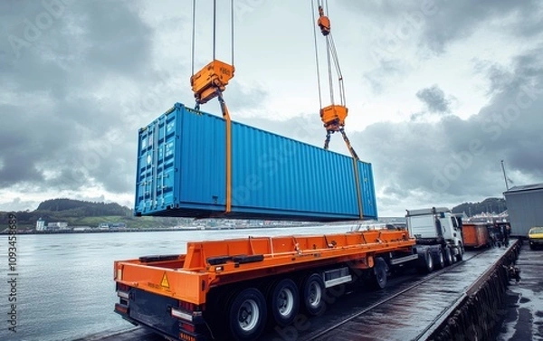 Fototapeta A blue shipping container being lifted by a crane at a busy port.