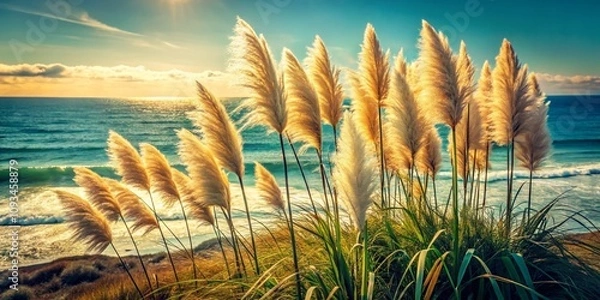 Fototapeta Scenic View of Pampas Grass by the Ocean at Saint Jean de Luz, France, Capturing the Golden Glow of Sunset and the Beauty of Coastal Nature