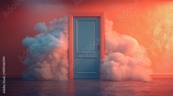 Fototapeta A mysterious blue door surrounded by colorful clouds in a dimly lit room.