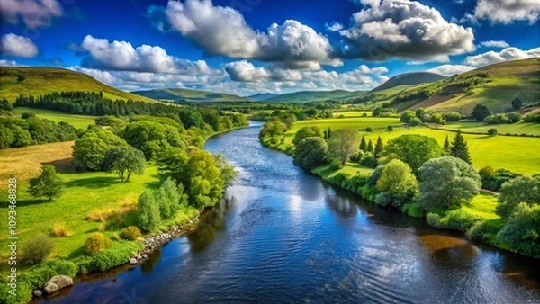 Fototapeta Serene Irish Landscape Featuring a Wide Wild River Flowing Through Lush Green Nature with Ample Copy Space for Text Overlay