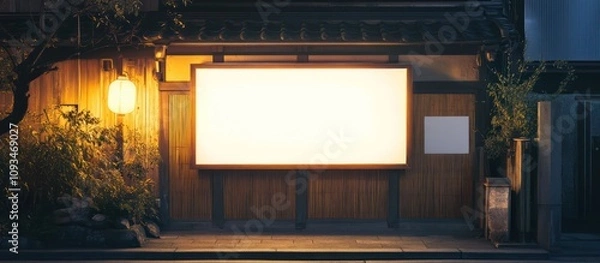 Fototapeta Illuminated Blank Billboard on a Tranquil Japanese Street at Night