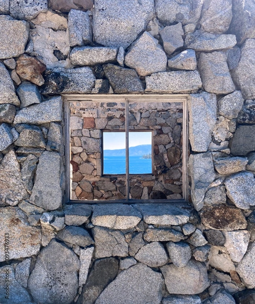Obraz Stone wall with window overlooking Lake Tahoe.