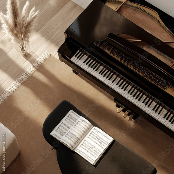 Fototapeta flat lay photo from above showing sheet music laying on the top of a baby grand piano in a warmly lit high