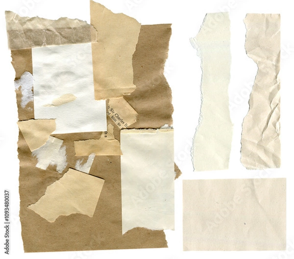 Fototapeta Torn vintage paper set of four pieces for sticker. Beige shapes of jagged uneven edges. Ripped different paper fragments collection. Textured grunge element bundle for collage, text box, poster.