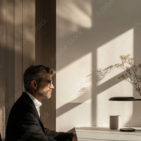 Fototapeta imagine an image close up portrait of business man that shows how light changes from morning to afternoon in a luxury modern minimal workspace, in the style of goop