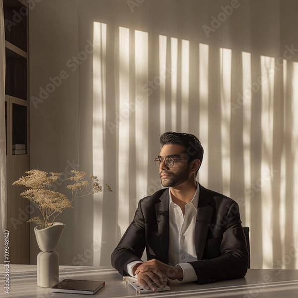 Fototapeta imagine an image close up portrait of business man that shows how light changes from morning to afternoon in a luxury modern minimal workspace, in the style of goop