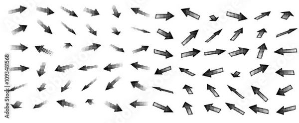 Obraz Set of different shapes of halftone effect arrows in perspective, drawn in black digital form for design in fun presentations and animated visuals with a tonal gradient effect. vector illustration