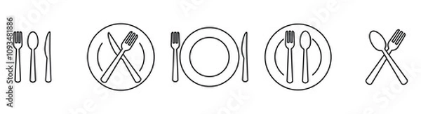 Fototapeta Simple set of spoon, fork, knife and plate icon set in line, menu logo, Symbol of cutlery. Cutlery or tableware in restaurant, kitchen. Vector illustration on transparent background.