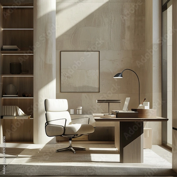 Fototapeta imagine an image that shows how light changes from morning to afternoon in a luxury modern minimal workspace, in the style of goop