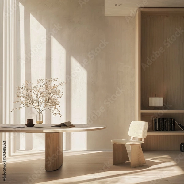 Fototapeta imagine an image that shows how light changes from morning to afternoon in a luxury modern minimal workspace, in the style of goop
