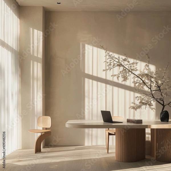 Fototapeta imagine an image that shows how light changes from morning to afternoon in a luxury modern minimal workspace, in the style of goop