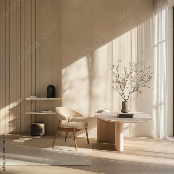 Fototapeta imagine an image that shows how light changes from morning to afternoon in a luxury modern minimal workspace, in the style of goop