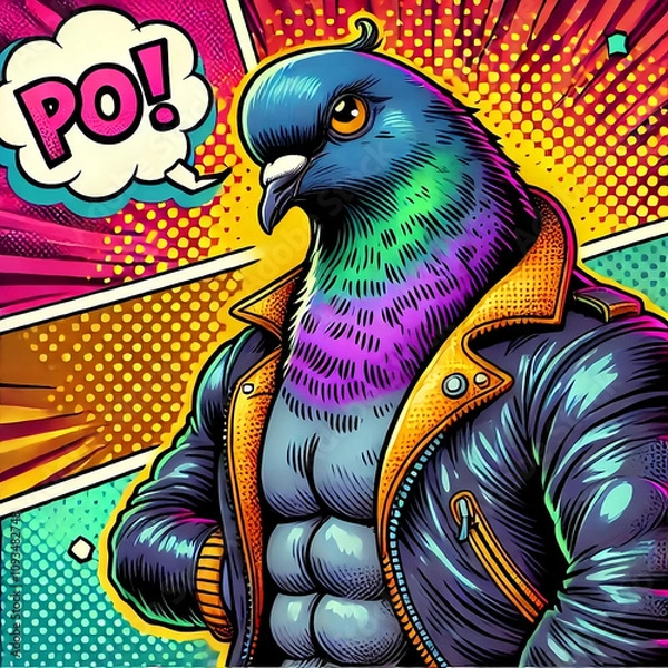 Fototapeta Urban pop art illustration featuring a detailed close-up of a pigeon wearing a trendy orange bomber jacket. Concept of street style with comic book aesthetics in bold, contemporary colors