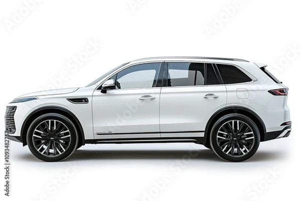 Fototapeta White modern SUV on isolated background, side view.