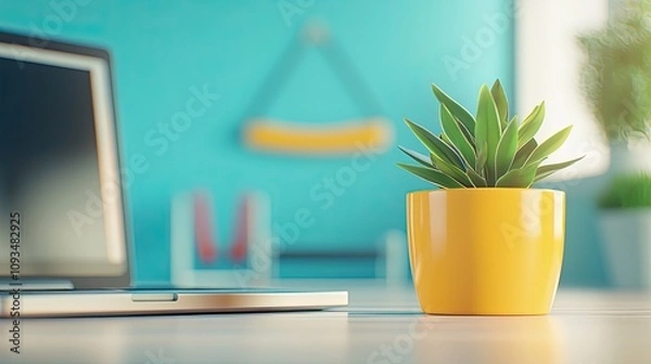 Fototapeta Bright and Colorful Workspace Featuring a Yellow Potted Plant and Modern Laptop on a Desk Against a Vibrant Blue Background for Creativity and Inspiration