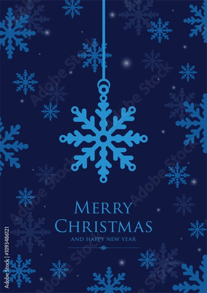 Fototapeta Blue snowflake on dark background minimalist christmas decor for creating cards, invitations, social media posts, or as a decorative element in graphic design.