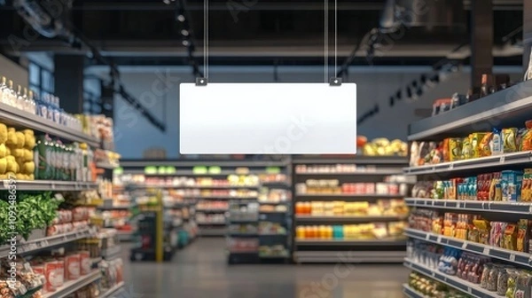 Fototapeta A blank hanging banner inside a shop or supermarket for advertising mockups