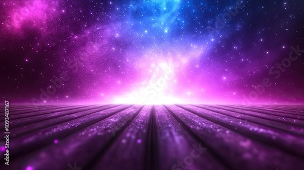 Fototapeta Ethereal Cosmic Landscape with Vibrant Purple and Blue Stars set Against a Dark, Infinite Space Above a Wooden Surface Evoking Depth and Wonder