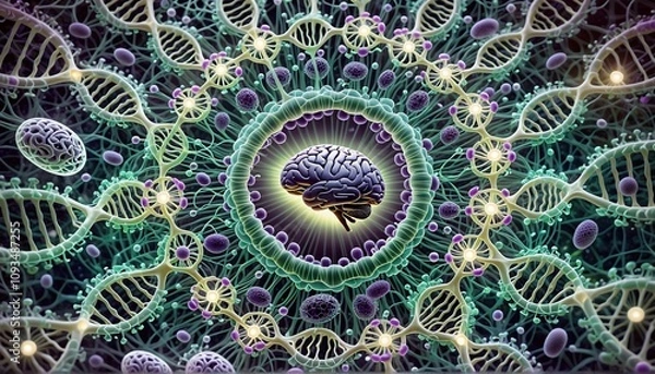 Fototapeta Cadena de DNA alrededor de un cerebro. De fono el cosmos. Representa nuestro paso por el universo y la importancia del sistema nervioso central y la neurología como factor distintivo de la humanidad. 