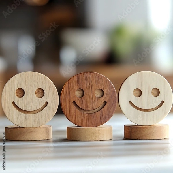 Obraz Wooden label featuring happy, normal, and sad face icons, symbolizing emotional expression and mood tracking in a creative, rustic design that combines simplicity with visual clarity.