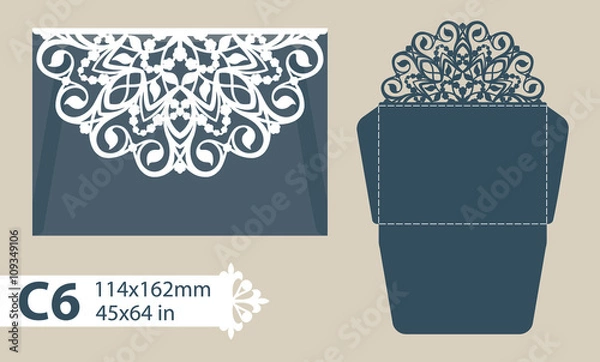 Obraz Template congratulatory envelope with carved openwork pattern. Template is suitable for greeting cards, invitations, menus, etc. Picture suitable for laser cutting or printing. Vector. Easy to edit