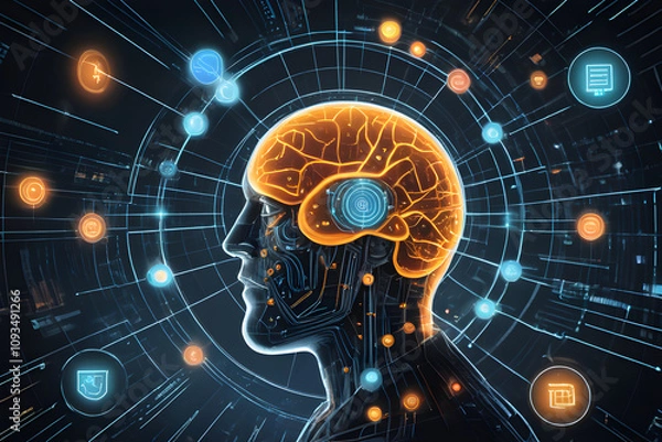 Fototapeta Artificial intelligence processing data in futuristic cyberspace environment