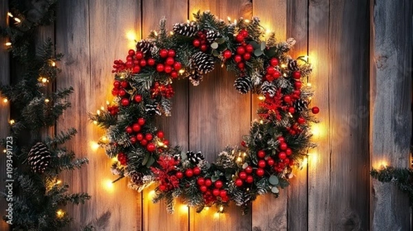 Fototapeta Festive Christmas Wreath with Lights on Rustic Wooden Door