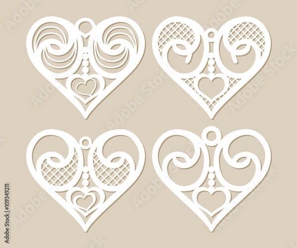 Obraz Set stencil lacy hearts with carved openwork pattern. Template for interior design, layouts wedding cards, invitations, etc. Image suitable for laser cutting, plotter cutting or printing. Vector